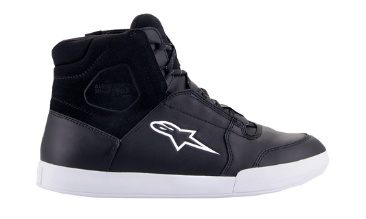 Alpinestars Chrome waterproof shoes in black and white, with impact protection, designed for urban durability and style.