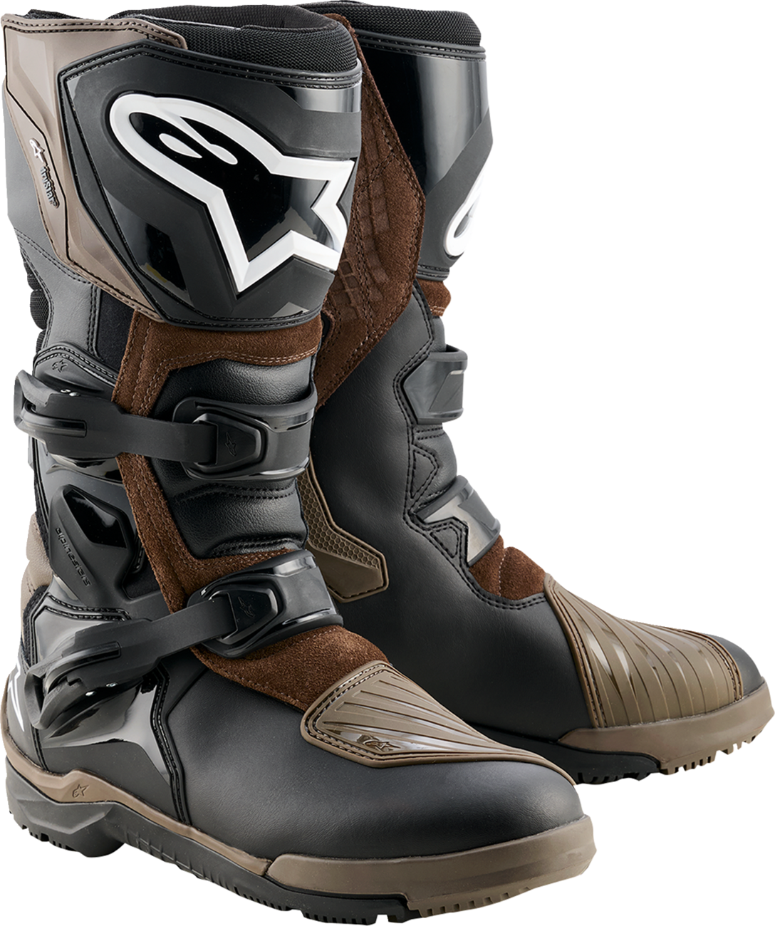 Alpinestars Corozal Adventure Drystar motorcycle boots in brown and black, US 9, with ankle protection and rugged sole.