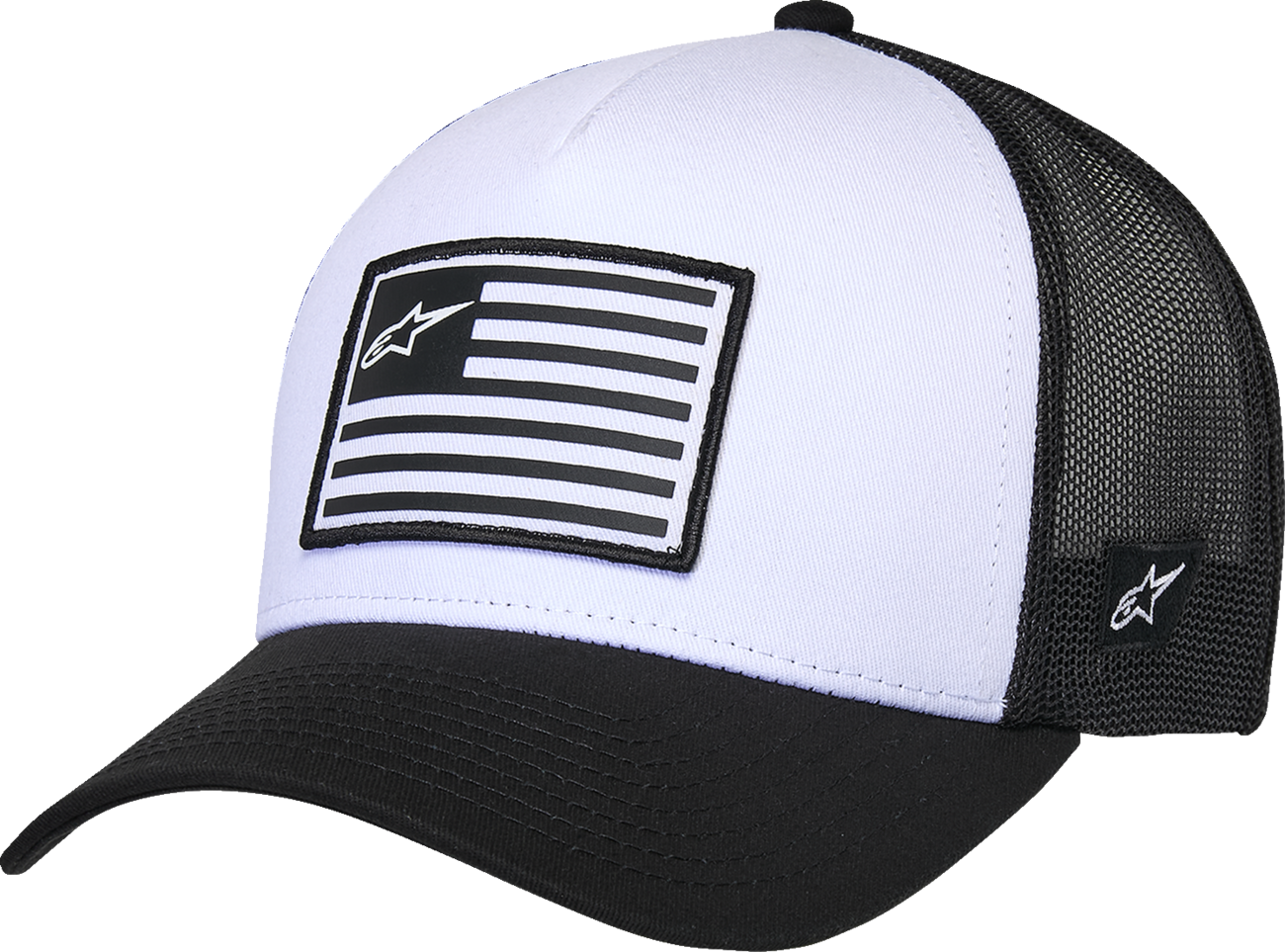 Alpinestars Flag Snapback Hat in white and black, featuring the ALPINESTARS logo and adjustable snapback closure.