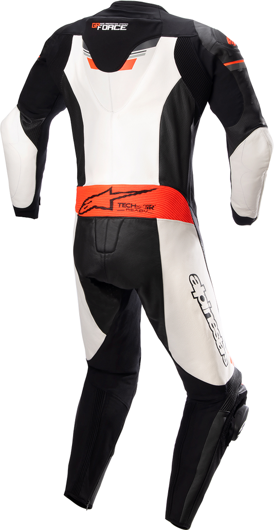 Alpinestars GP Force Chaser 1-piece leather motorcycle suit in black with red accents, US size 50, EU size 60.