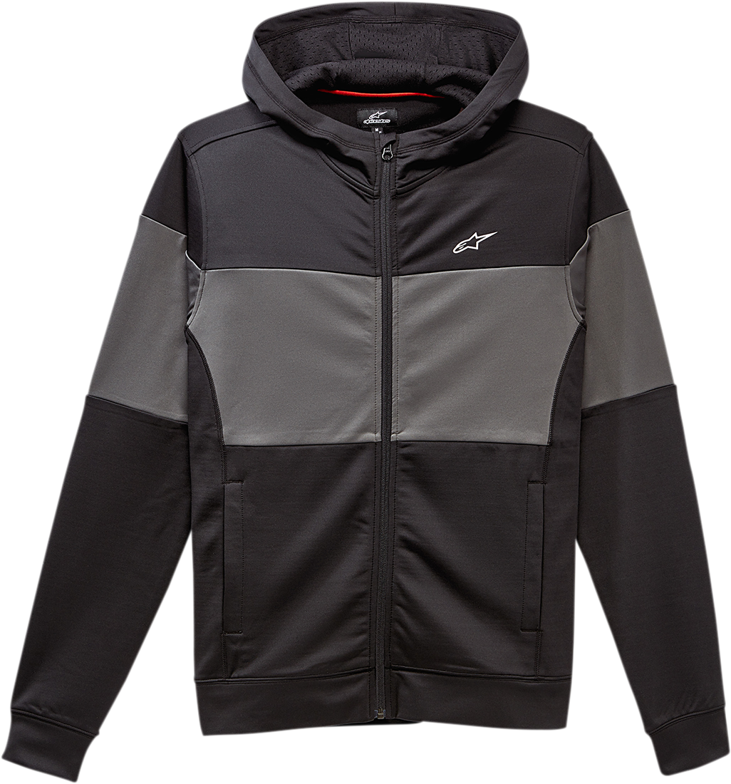 Alpinestars Justify Mid-Layer Jacket in black, size large, displayed on a hanger with front view and zip closure.