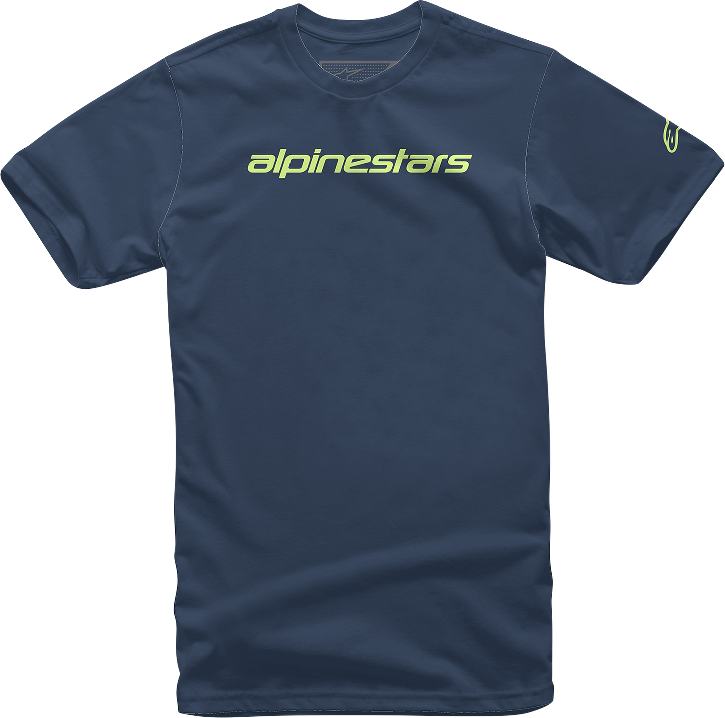 Alpinestars Linear Wordmark T-Shirt in navy and lime, medium size, featuring the brand logo design.