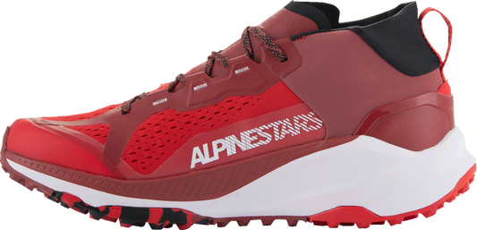 Alpinestars Meta XR V2 off-road running shoes in bright red, dark red, and white, US size 9, EU 42, with rugged design and laces.