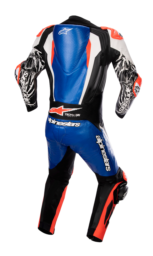 Alpinestars Racing Absolute v2 1-piece leather suit in metallic blue, black, white, and red fluo with US 40/EU 50 size.
