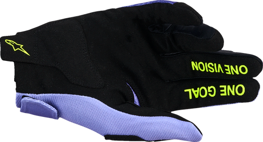 Alpinestars Radar Gloves 2XL in purple and fluo yellow, motorcycle and bike control gloves with protective features.