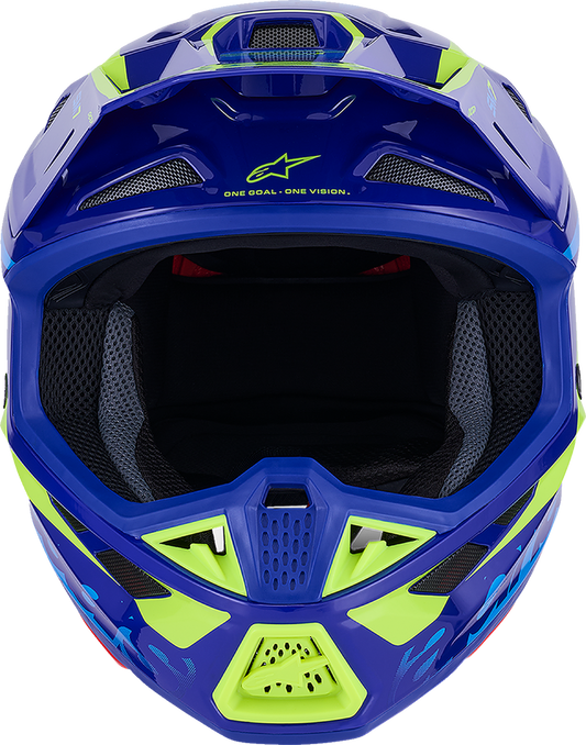Alpinestars SM7 helmet in gloss blue and yellow fluor with XL size, featuring aerodynamic vents and a secure strap.