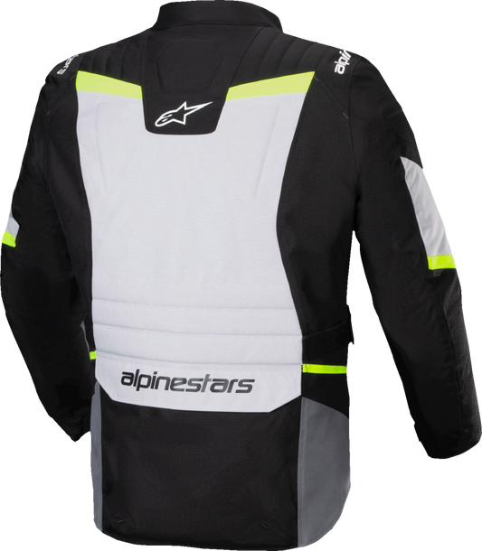 Alpinestars ST-1 WP waterproof motorcycle jacket in ice gray, black, and yellow fluo, 2XL, with visible waterproof fabric and reflective details.