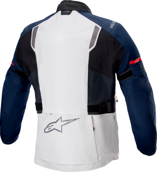 Alpinestars ST-7 2L Gore-Tex motorcycle jacket in Ice Gray, Dark Blue, and Black, size XL, with protective gear and weatherproof design.