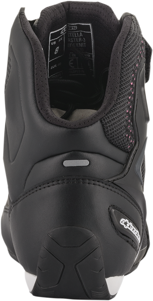 Alpinestars Stella Faster-3 Rideknit shoes in black, yellow, and pink with US 11.5/EU 44 size, featuring sporty design and Rideknit material.