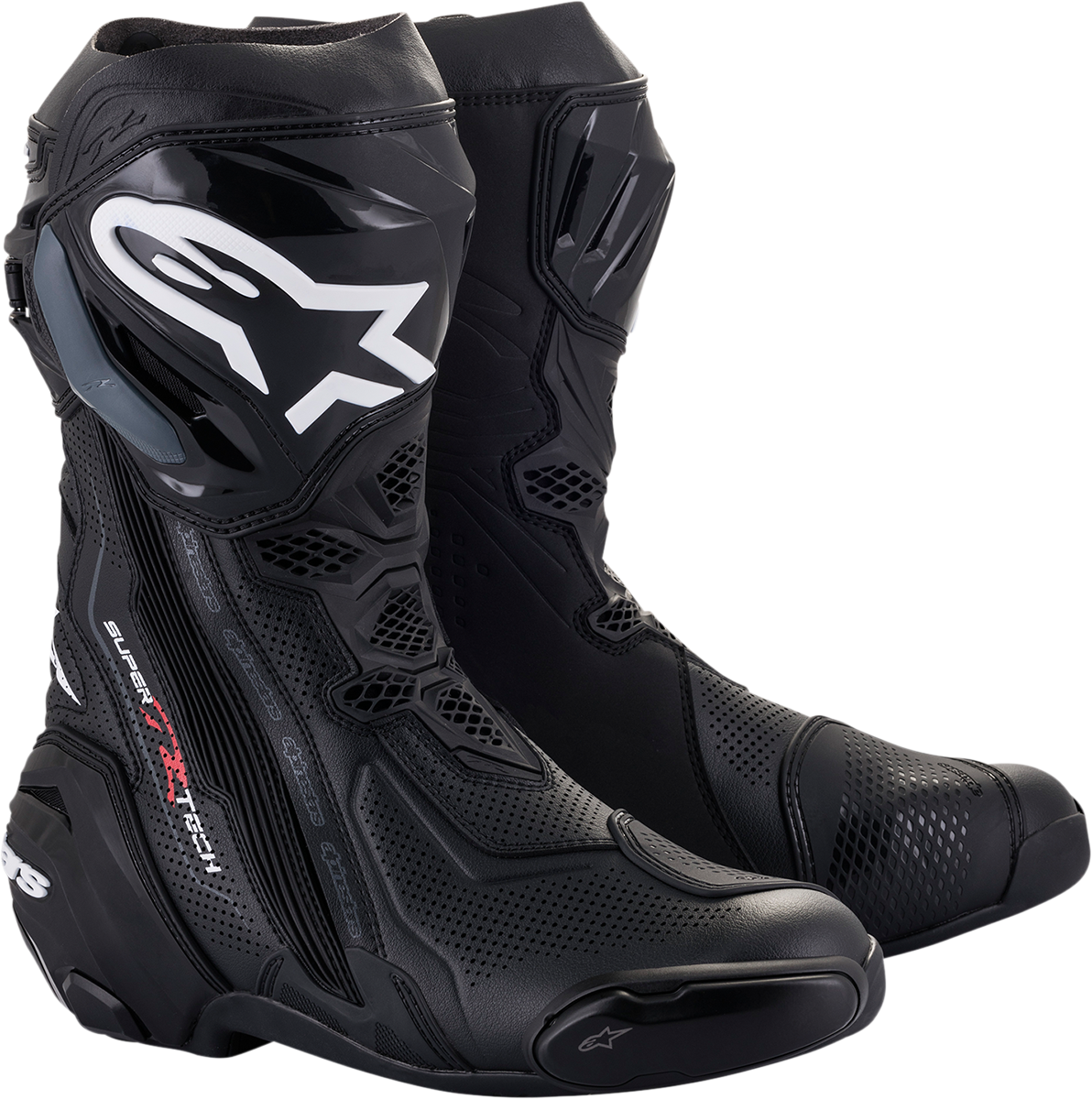 Alpinestars Supertech R Vented motorcycle boots in black, US 9.5, showing sleek design and protective features.