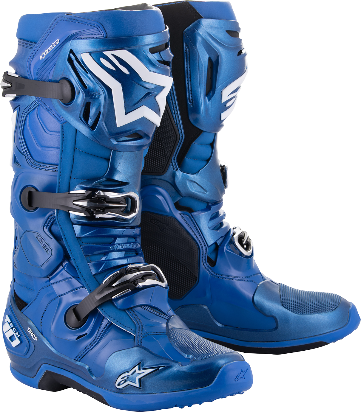 Alpinestars Tech 10 motocross boots in blue, US size 10, EU 44.5, with protective features and sturdy design.