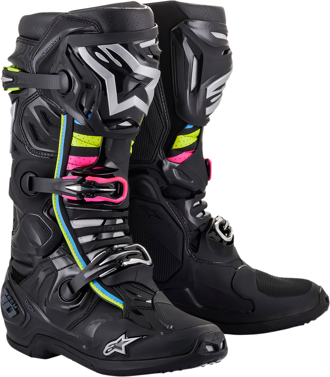 Alpinestars Tech 10 Supervented motorcycle boots in black, US 11, EU 45.5, featuring protective design and venting.