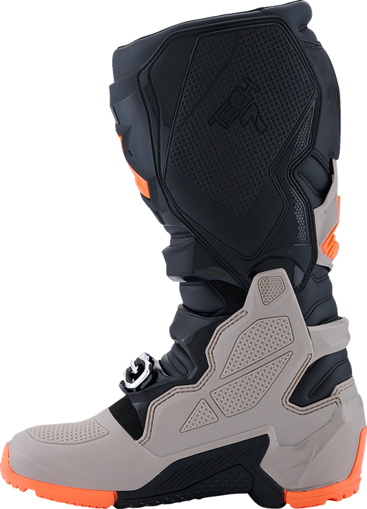 Alpinestars Tech 7 Enduro Boots in black, warm gray, and fluorescent orange with sturdy design and ankle protection.