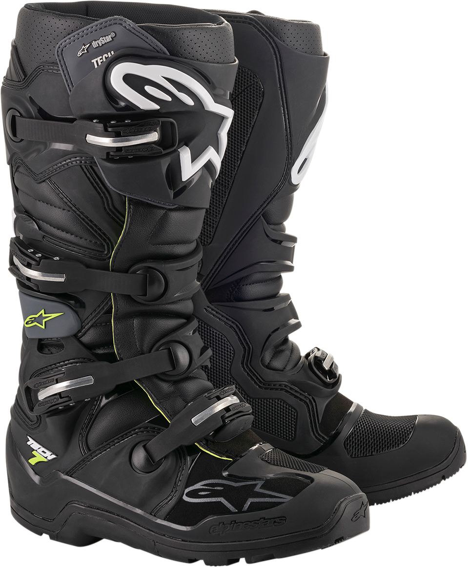 Alpinestars Tech 7 Enduro Drystar® motorcycle boots in black, US size 8, EU 42, showing the rugged design and protective features.