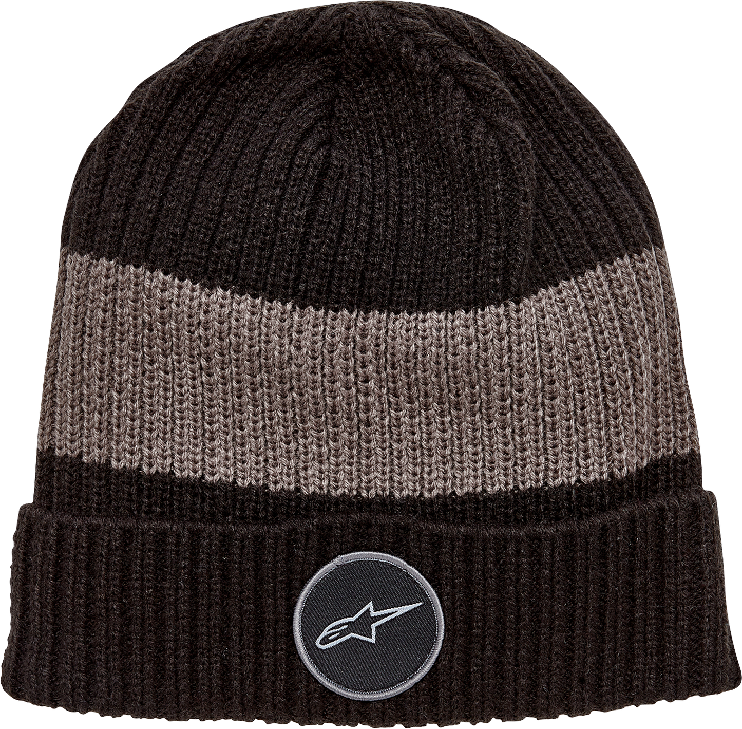 Alpinestars Ward Beanie in black and charcoal, featuring the brand logo, made of warm knit material for casual wear.