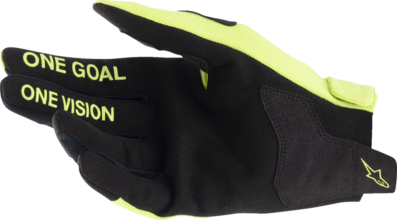 Alpinestars Youth Radar Gloves in fluo yellow and black, medium size, featuring protective design and brand logo.