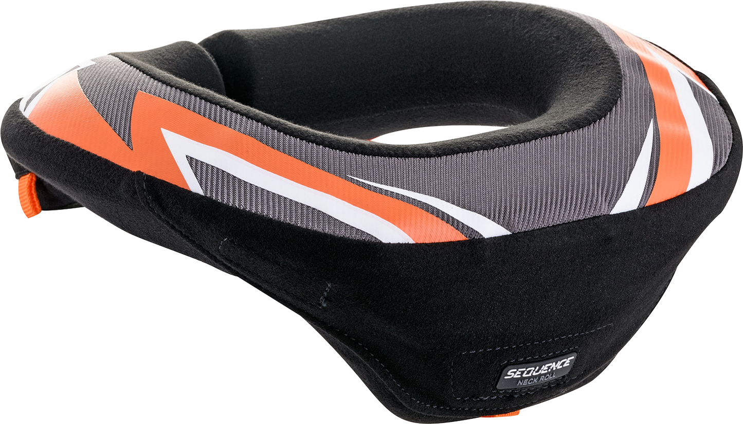 Alpinestars Youth Sequence Neck Roll L/XL in black, anthracite, and orange for kids aged 6-14, shown in a close-up view.