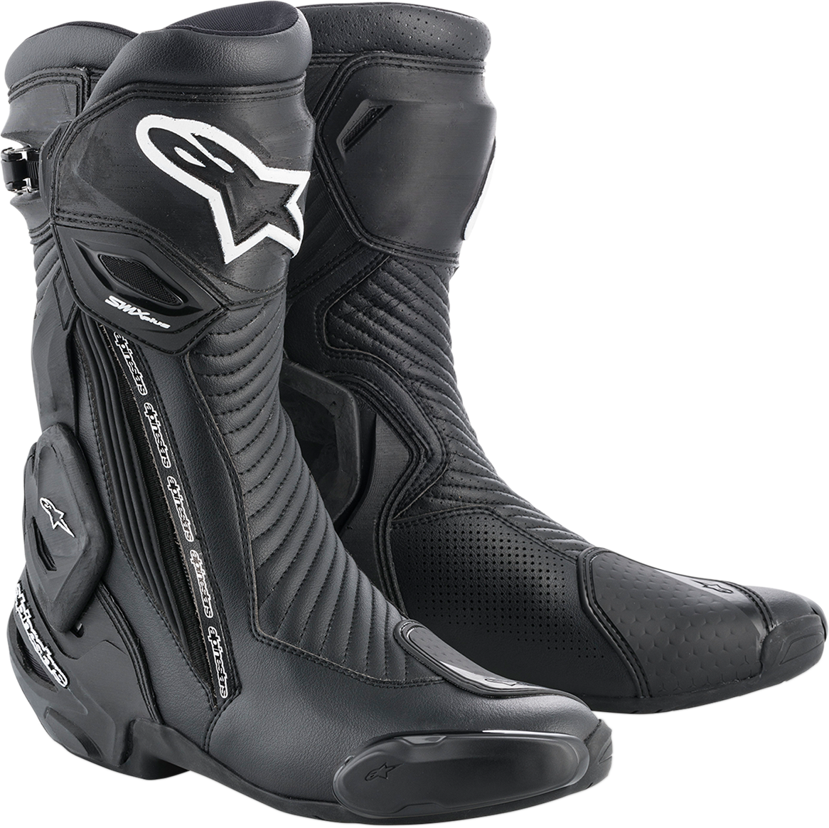 Alpinestars SMX Plus black motorcycle boots with ankle protection and buckle closures, US size 8 / EU 42.