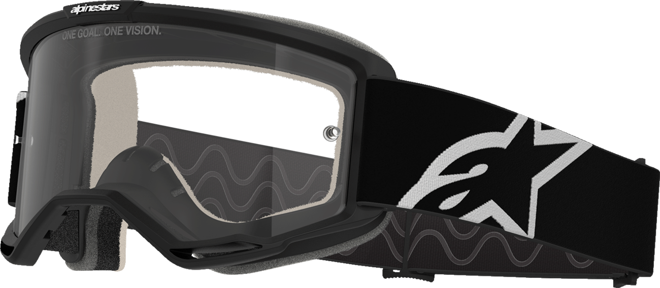 Alpinestars GOGGLES Vision 5 in black with clear lens, featuring a sleek design and adjustable strap for motorcycle riding.