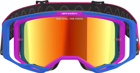 Alpinestars Vision 8 goggles with blue, purple, orange frame and red mirror lens, designed for motocross and off-road riding.