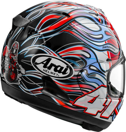 Arai Helmets Corsair-X Haga XL motorcycle helmet with VAS shield mechanism and advanced safety features, shown in sleek design.