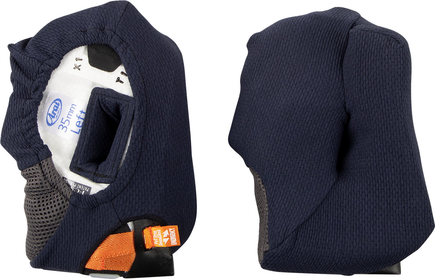 Arai Helmets Corsair-X, Quantum-X, Signet-X cheek pads, 35mm, part 05-5702, showing soft foam padding and attachment edges
