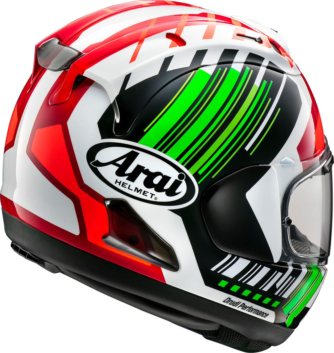 Green Arai Corsair-X Rea-6 motorcycle helmet with reinforced shell and superior ventilation, shown from the front side.