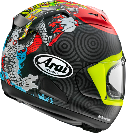 Arai Corsair-X Tatsuki Frost motorcycle helmet with aerodynamic design, enhanced ventilation, and protective features in XL size.