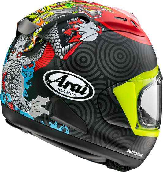 Large ARAI Corsair-X Tatsuki motorcycle helmet with VAS shield and advanced ventilation system, shown from the front view.