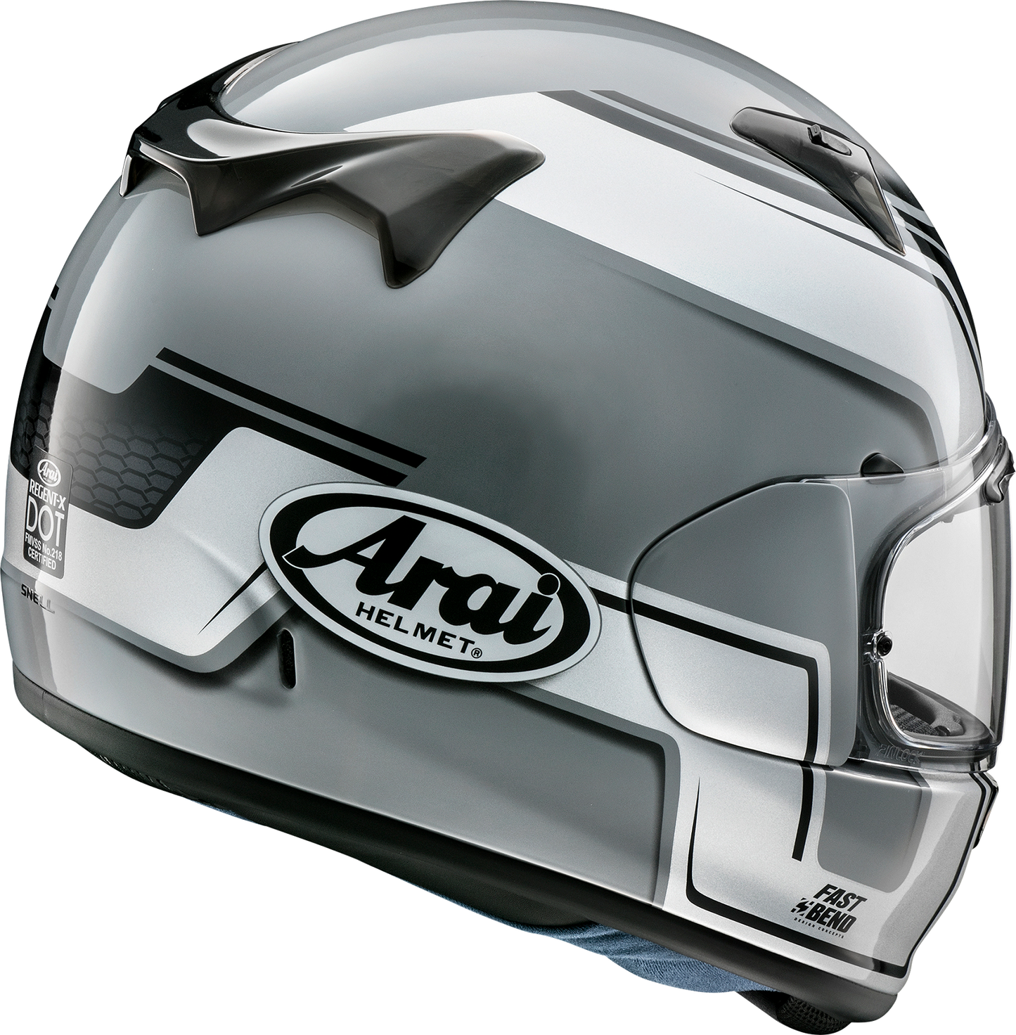 Silver ARAI Helmets Regent-X 2XL with Variable Axis Shield System, featuring a sleek design and adjustable visor for motorcycle riding.