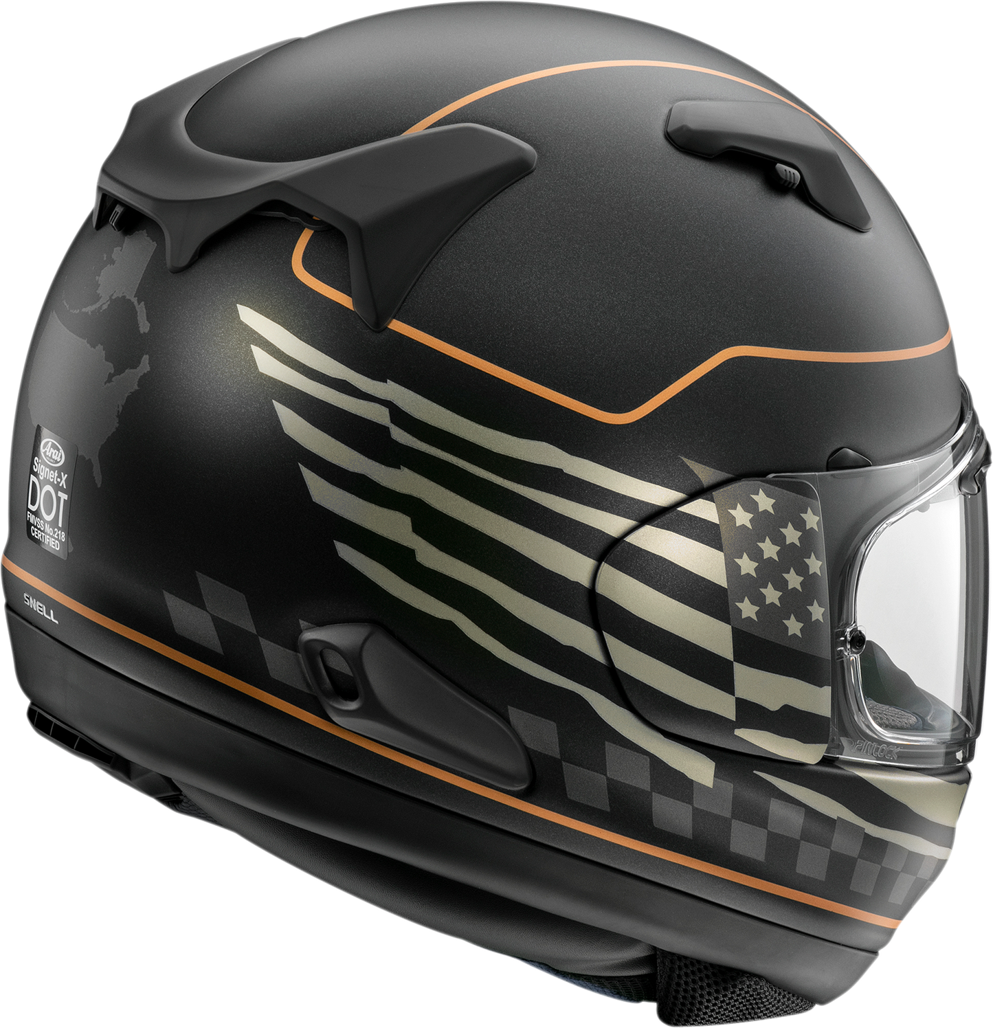 ARAI HELMETS Signet-X US Flag Black Frost motorcycle helmet with narrow fit and VAS shield system, featuring US flag design and black frost finish.