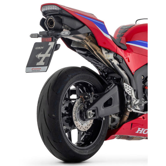 Dark aluminum Arrow Indy Race Exhaust for Honda CBR600RR 2024-2025 motorcycle, sleek and aerodynamic with brand branding.
