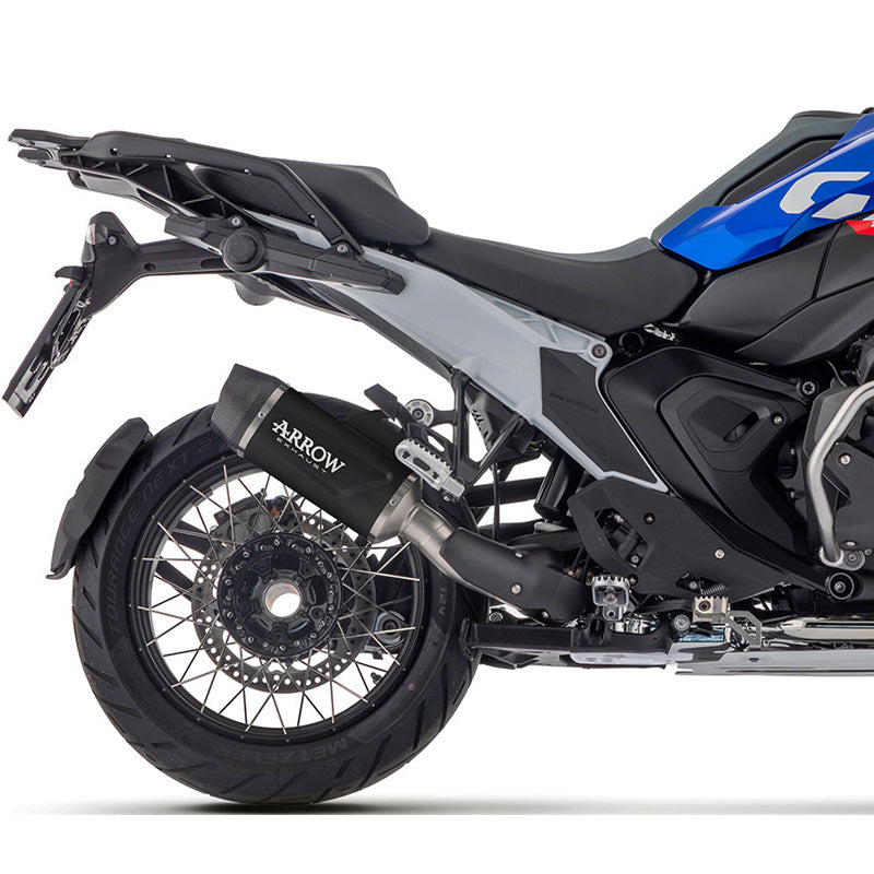 Dark aluminum Arrow Indy Race Evo slip-on exhaust for BMW R1300GS 2024, featuring a carbon end cap and sleek design.