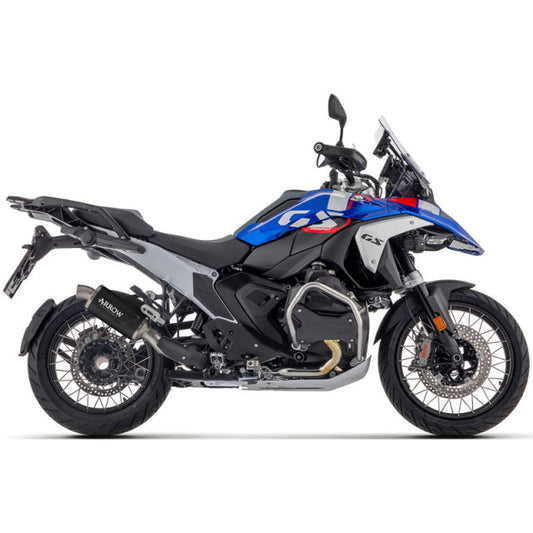 Dark aluminum Arrow Indy Race Evo slip-on exhaust for BMW R1300GS 24-25, mounted on motorcycle, showing sleek design and branding.