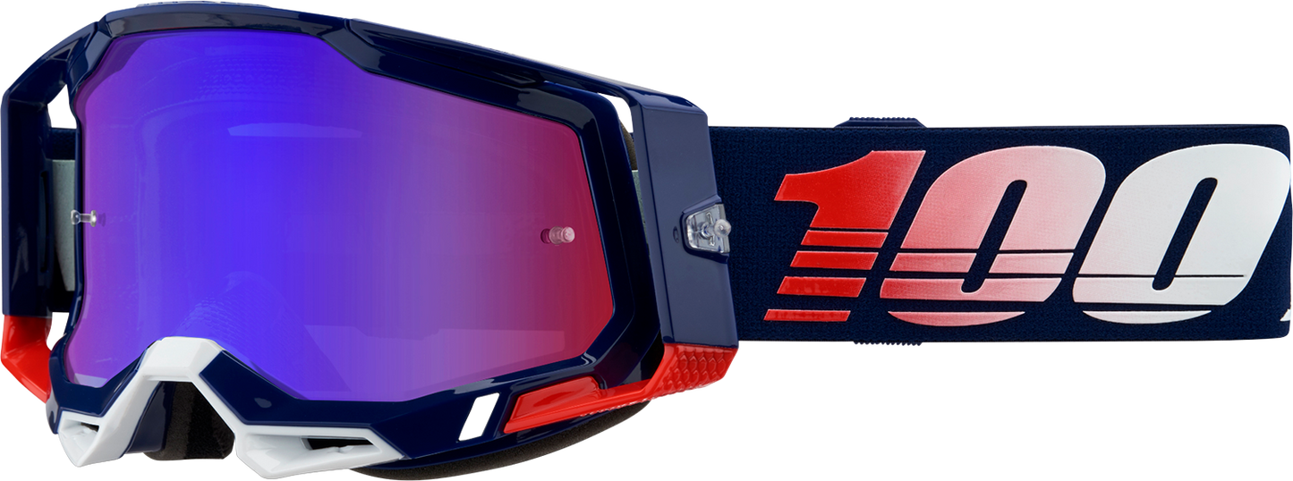Bill's Exhausts 100% Racecraft 2 goggles with red/blue mirror lenses, featuring a sleek design for motocross or racing activities.