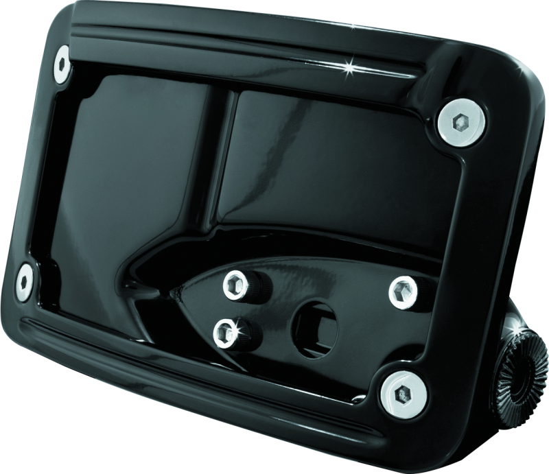 Kuryakyn curved horizontal mount side license plate holder for 4x7 plates in glossy black finish, designed for motorcycle installation.