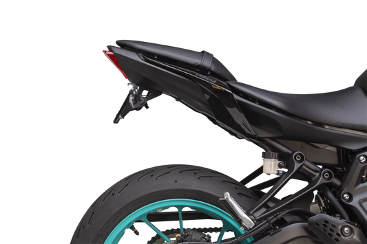 YOSHIMURA Fender Eliminator Kit for Yamaha MT-07 motorcycle, showing sleek black rear license plate and LED light assembly.