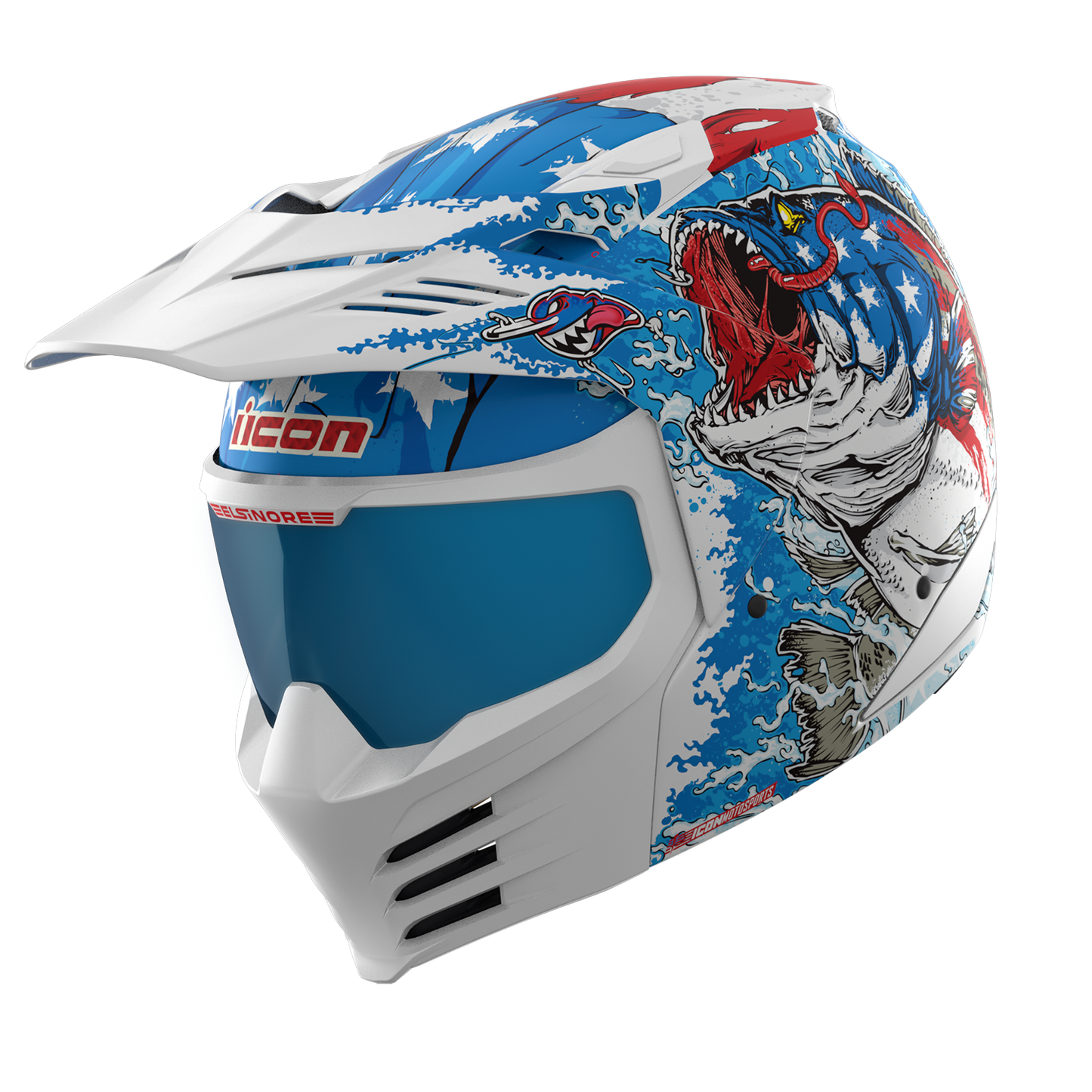 Blue ICON Elsinore™ helmet by Bill's Exhausts, featuring a sleek design with XS size and American Basstard branding.