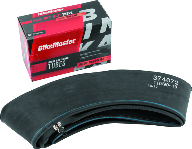 BikeMaster 110/90-19 TR6 heavy duty inner tube for motorcycle tires, shown in the image with valve stem and rubber construction.