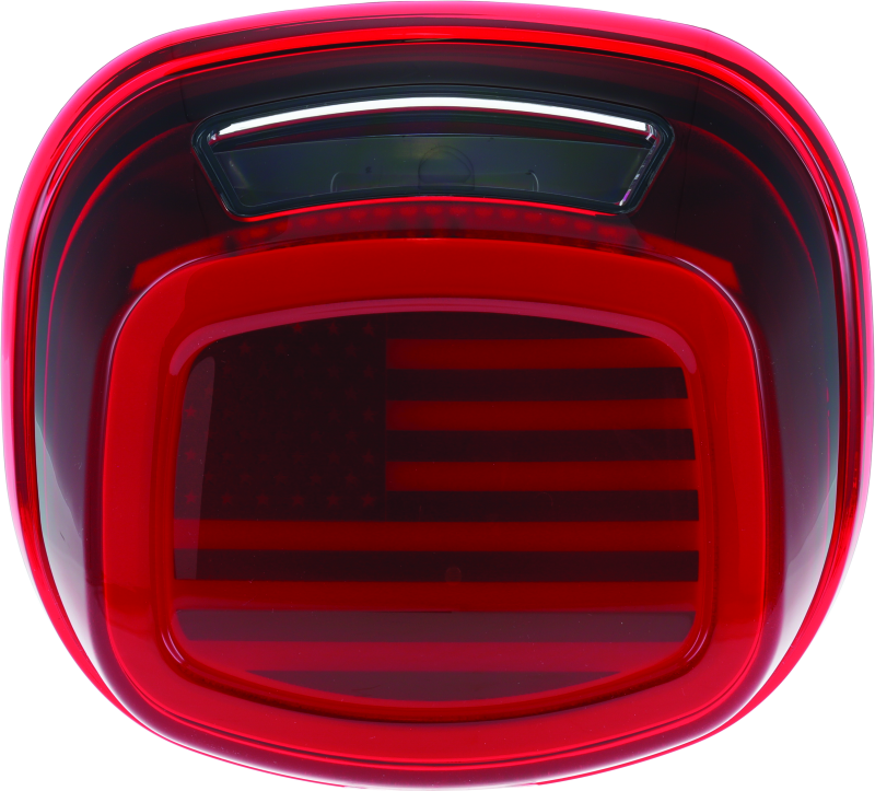 Kuryakyn Freedom taillight with red lens and license plate illumination for Harley Davidson motorcycle.