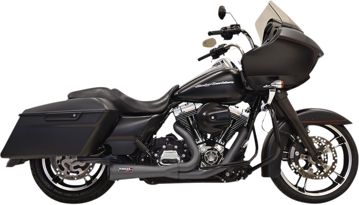 Black finish BASSANI XHAUST 2:1 short exhaust system with mounting details and sleek design for motorcycle performance.