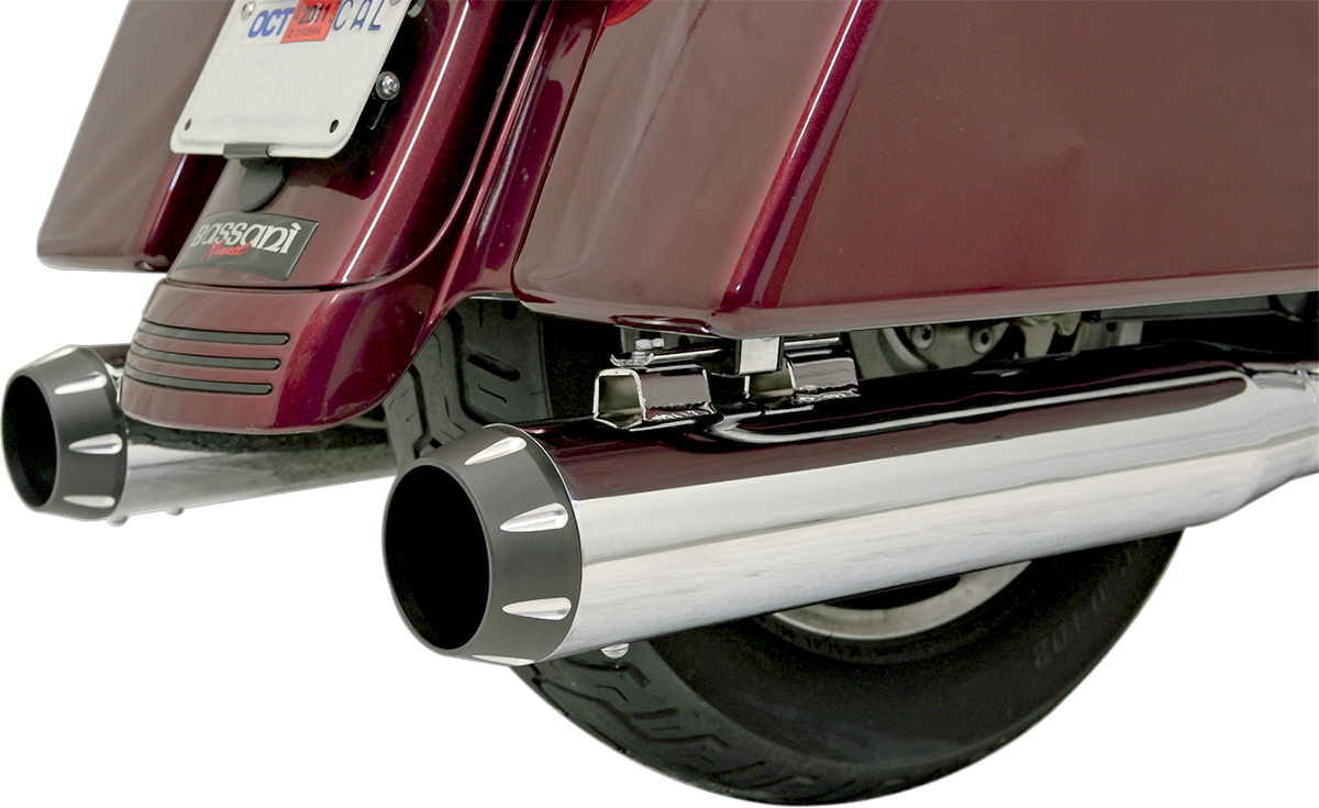 Bassani Xhaust 4-inch black fluted end cap for Bassani mufflers, shown on a motorcycle exhaust system.