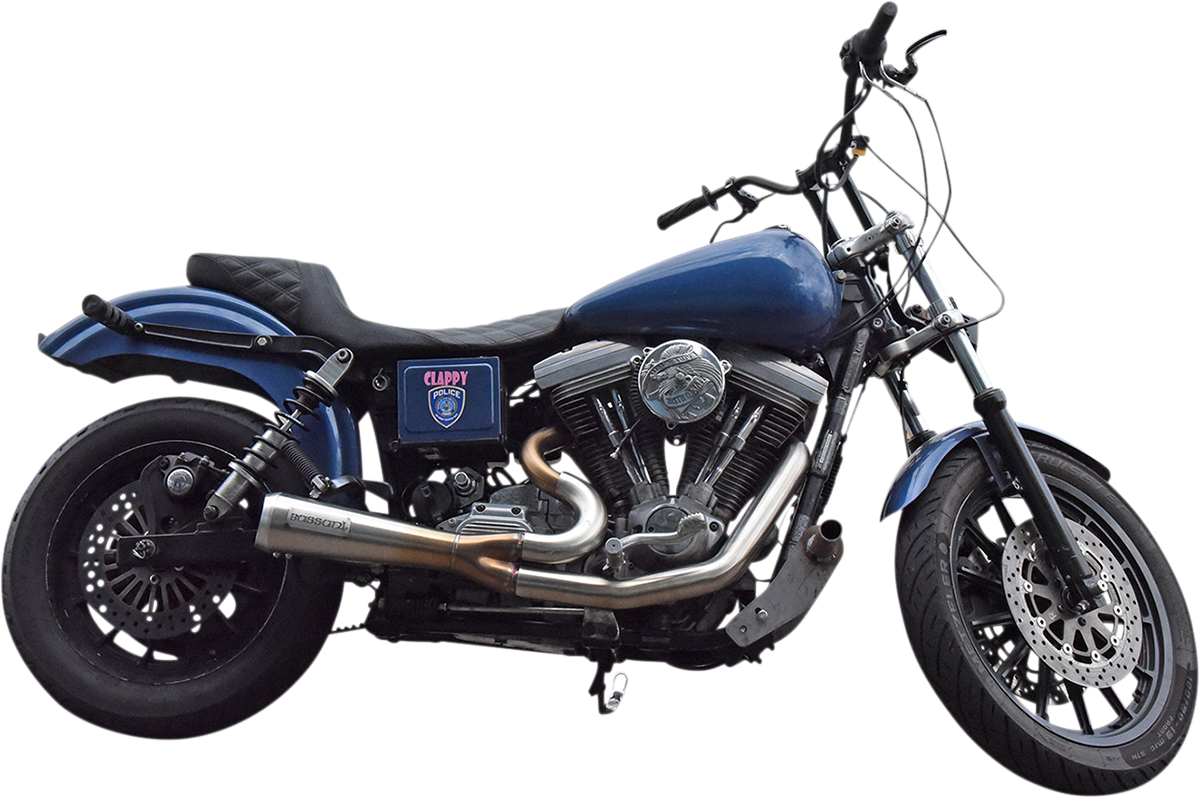 Chrome BASSANI XHAUST Ripper 2:1 exhaust system for motorcycles, showcasing the sleek metal finish and detailed piping.