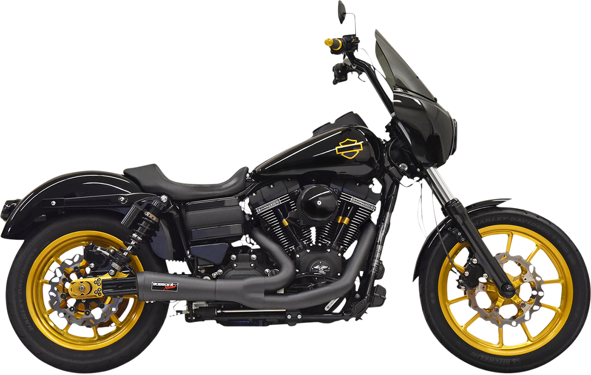 Black Bassani Xhaust Ripper 2:1 exhaust system for Harley Davidson motorcycle, featuring polished metal muffler and dual pipes.