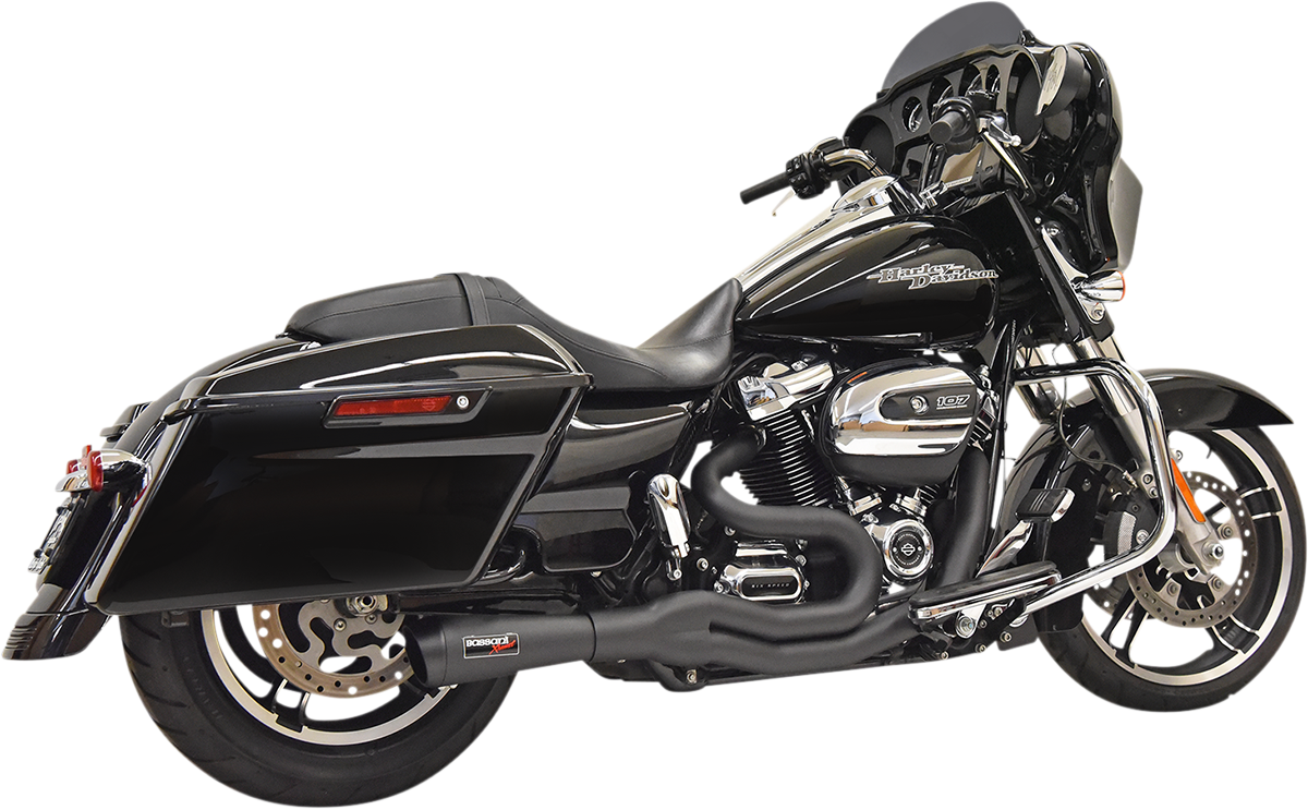 Black BASSANI XHAUST Road Rage II 2-Into-1 Mid-Length Exhaust System with sleek design and polished finish.