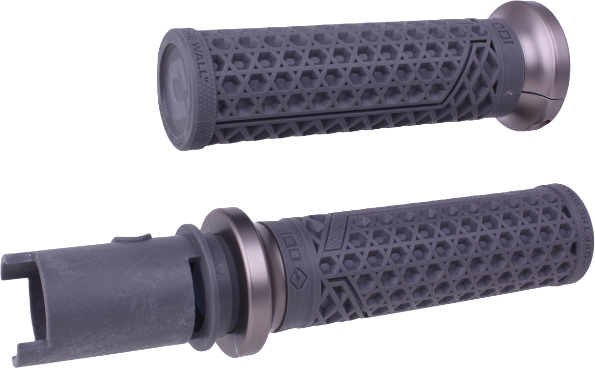 ODI Van's Lock On motorcycle grips in graphite and gun metal for Harley Davidson 2023-2024, featuring textured rubber surfaces.