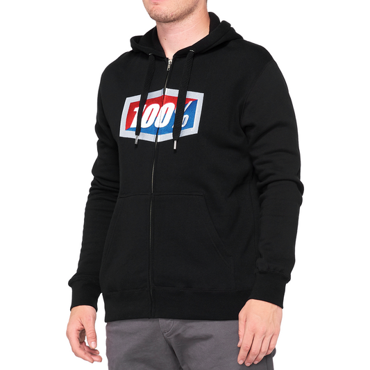 Black fleece zip-up hoodie by Bill's Exhausts, medium size, front view showing the full hoodie with zip closure and hood.