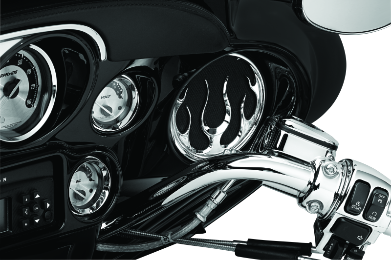 Chrome Kuryakyn Flame Speaker Grills for Harley Davidson Touring models, featuring bold flame design and durable finish.