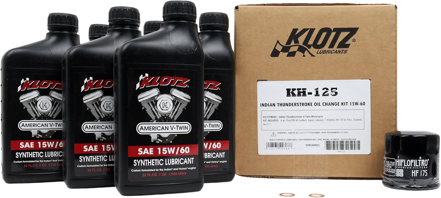 KLOTZ Indian Thunderstroke 6 Quart Synthetic Oil Change Kit with oil filter and tools for motorcycle maintenance