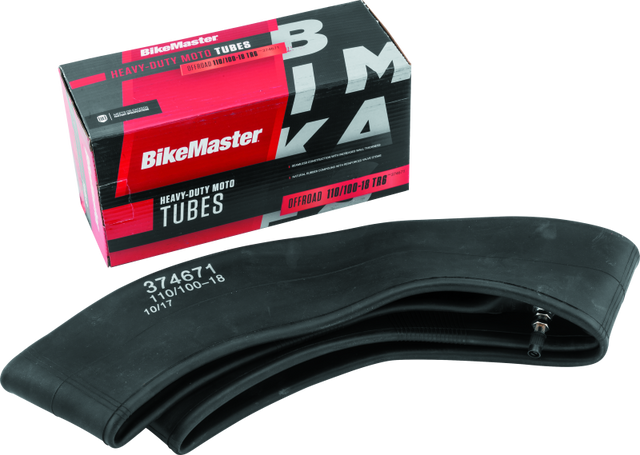 BikeMaster 110/100-18 TR6 heavy-duty inner tube for motorcycle tires, showing the durable rubber construction and valve stem.